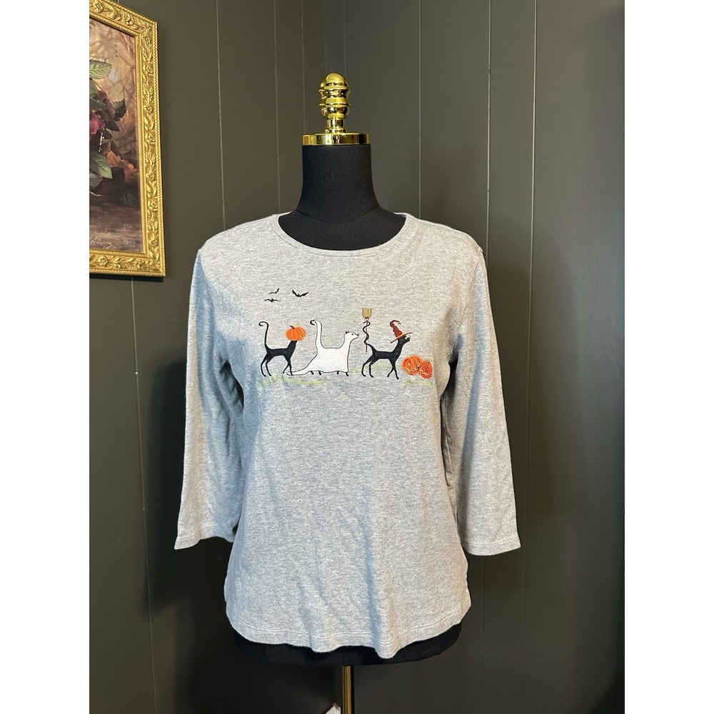 Classic Elements Cotton 7/8 Sleeve Halloween Cats Pullover Top S‎ Small
